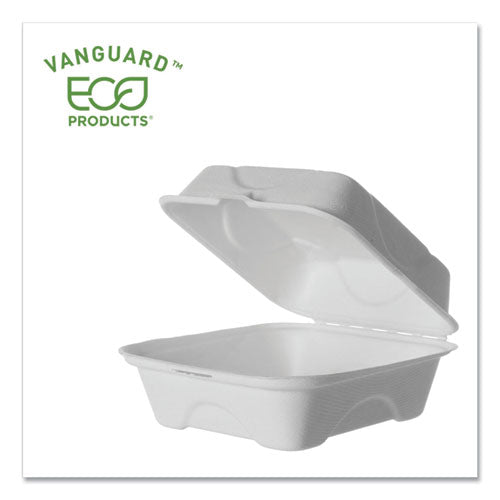 Vanguard Renewable and Compostable Sugarcane Clamshells, 6 x 6 x 3, White, 500/Carton-(ECOEPHC6NFA)