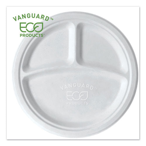Vanguard Renewable and Compostable Sugarcane Plates, 3-Compartment, 10" dia, White, 500/Carton-(ECOEPP007NFA)