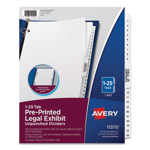 Preprinted Legal Exhibit Side Tab Index Dividers, Avery Style, 25-Tab, 1 to 25, 11 x 8.5, White, 1 Set-(AVE11370)