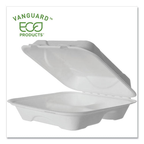 Vanguard Renewable and Compostable Sugarcane Clamshells, 3-Compartment, 9 x 9 x 3, White, 200/Carton-(ECOEPHC93NFA)