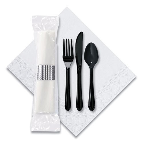 CaterWrap Cater to Go Express Cutlery Kit, Fork/Knife/Spoon/Napkin, Black, 100/Carton-(HFM119901)