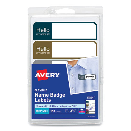 Flexible Self-Adhesive Mini Name Badge Labels, 1 x 3.75, Hello, Assorted, 100/Pack-(AVE5154)