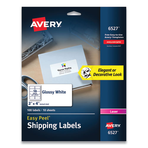 Glossy White Easy Peel Mailing Labels with Sure Feed Technology, Laser Printers, 4 x 2, White, 10/Sheet, 10 Sheets/Pack-(AVE6527)