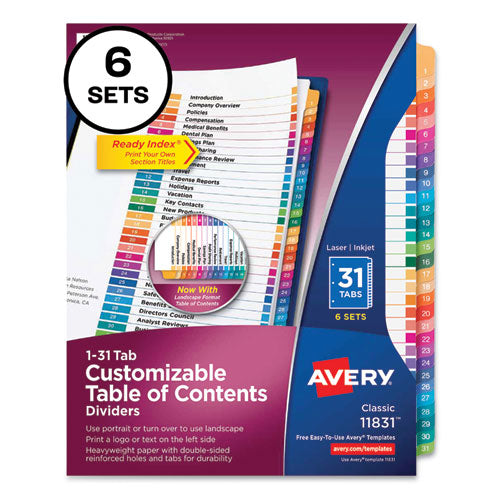 Customizable Table of Contents Ready Index Multicolor Dividers, 31-Tab, 1 to 31, 11 x 8.5, White, 6 Sets-(AVE11831)