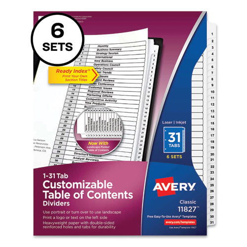 Customizable Table of Contents Ready Index Black and White Dividers, 31-Tab, 1 to 31, 11 x 8.5, White, 6 Sets-(AVE11827)