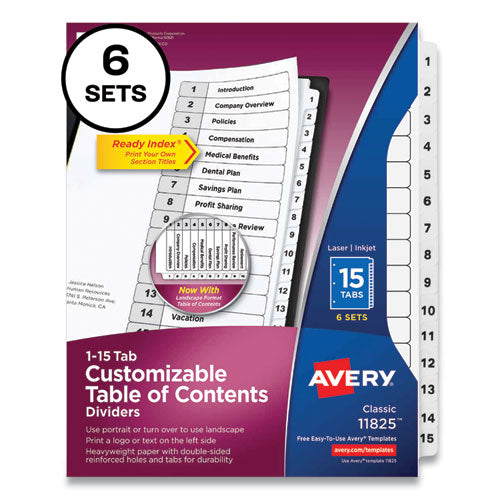 Customizable Table of Contents Ready Index Black and White Dividers, 15-Tab, 1 to 15, 11 x 8.5, White, 6 Sets-(AVE11825)