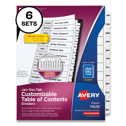 Customizable Table of Contents Ready Index Black and White Dividers, 12-Tab, Jan. to Dec., 11 x 8.5, White, 6 Sets-(AVE11826)
