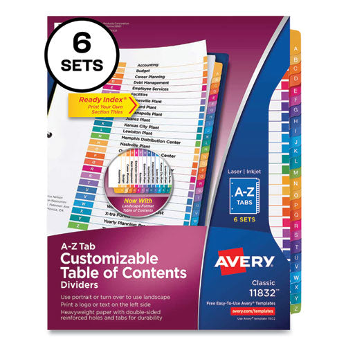 Customizable Table of Contents Ready Index Multicolor Dividers, 26-Tab, A to Z, 11 x 8.5, White, 6 Sets-(AVE11832)