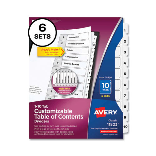 Customizable Table of Contents Ready Index Black and White Dividers, 10-Tab, 1 to 10, 11 x 8.5, White, 6 Sets-(AVE11823)
