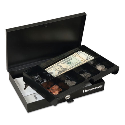 Low Profile Cash Box,1 Bill, 5 Coin Slots, Key Lock, 11.6 x 8 x 1.9, Steel, Black-(HWL6212)