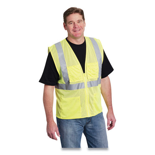 ANSI Class 2 Four Pocket Zipper Safety Vest, Polyester Mesh, Large, Hi-Viz Lime Yellow-(PID302MVGZ4PLYL)