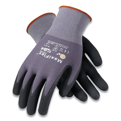 Ultimate Seamless Knit Nylon Gloves, Nitrile Coated MicroFoam Grip on Palm and Fingers, Large, Gray, 12 Pairs-(PID34874L)