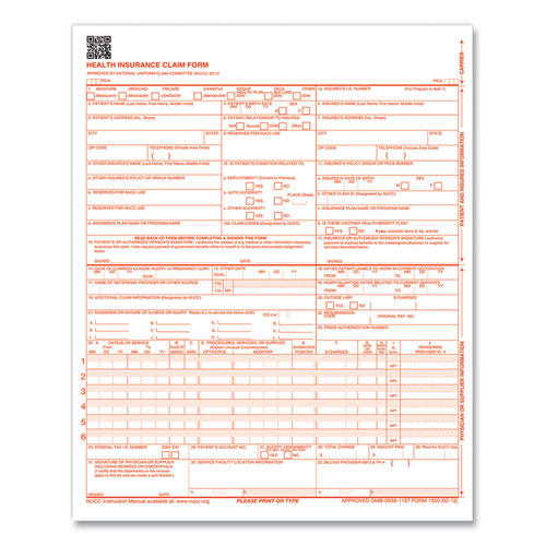 CMS-1500 Health Insurance Claim Form, One-Part (No Copies), 8.5 x 11, 1,000 Forms Total-(TFPCMS12LC1)