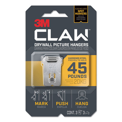 Claw Drywall Picture Hanger, Stainless Steel, 45 lb Capacity, 3 Hooks and 3 Spot Markers-(MMM3PH45M3ES)