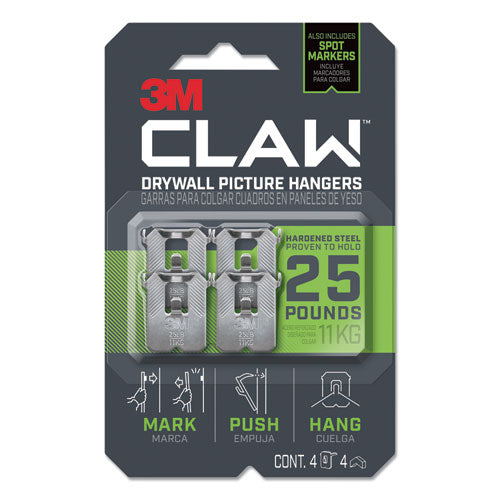 Claw Drywall Picture Hanger, Stainless Steel, 25 lb Capacity, 4 Hooks and 4 Spot Markers,-(MMM3PH25M4ES)