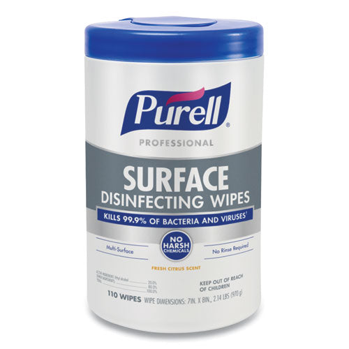 Professional Surface Disinfecting Wipes, 1-Ply, 7 x 8, Fresh Citrus, White, 110/Canister, 6 Canisters/Carton-(GOJ934206CT)