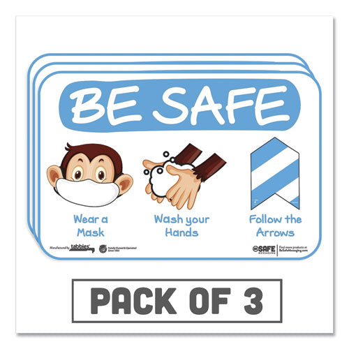 BeSafe Messaging Education Wall Signs, 9 x 6,  "Be Safe, Wear a Mask, Wash Your Hands, Follow the Arrows", Monkey, 3/Pack-(TAB29506)