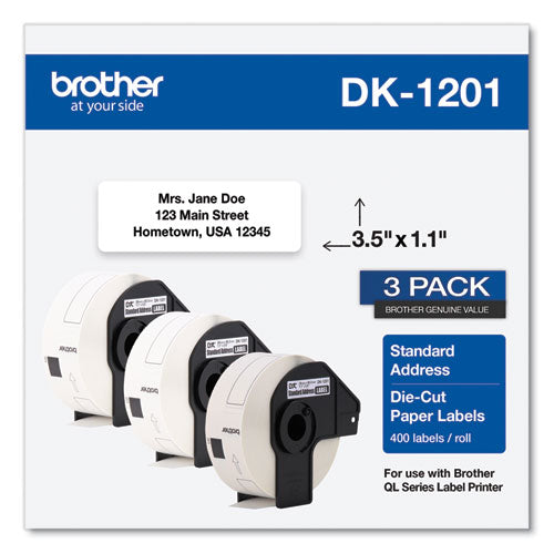 Die-Cut Address Labels, 1.1 x 3.5, White, 400 Labels/Roll, 3 Rolls/Pack-(BRTDK12013PK)