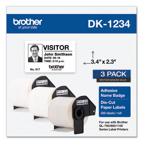 Die-Cut Name Badge Labels, 2.3 x 3.4, White, 260 Labels/Roll, 3 Rolls/Pack-(BRTDK12343PK)