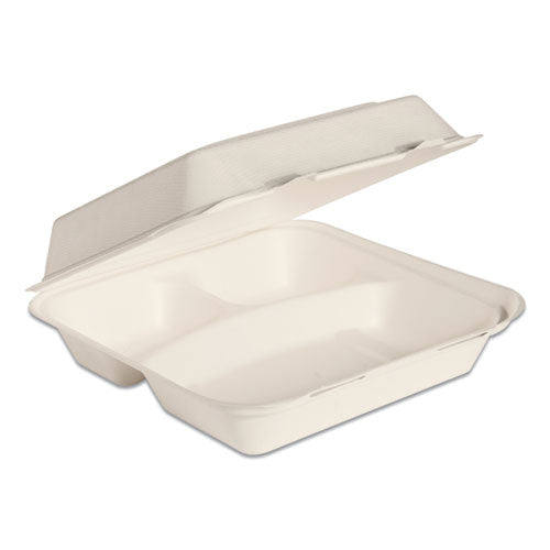 Bare Eco-Forward Bagasse Hinged Lid Containers, 3-Compartment, 9.6 x 9.4 x 3.2, Ivory, Sugarcane, 200/Carton-(SCCHC9CSC2050)