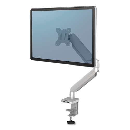 Platinum Series Single Monitor Arm, For 27" Monitors, 360 deg Rotation, 45 deg Tilt, 180 deg Pan, Silver, Supports 20 lb-(FEL8056401)