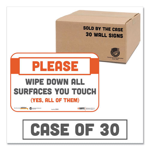 BeSafe Messaging Repositionable Wall/Door Signs, 9 x 6, Please Wipe Down All Surfaces You Touch, White, 30/Carton-(TAB29163)