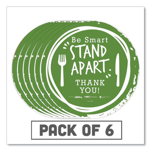 BeSafe Messaging Floor Decals, Be Smart Stand Apart Knife/Fork Thank You, 12" Dia., Green/White, 6/Carton-(TAB79061)