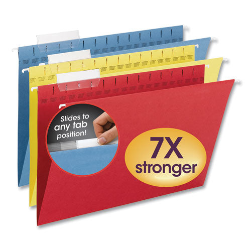 TUFF Hanging Folders with Easy Slide Tab, Legal Size, 1/3-Cut Tabs, Assorted Colors, 15/Box-(SMD64140)