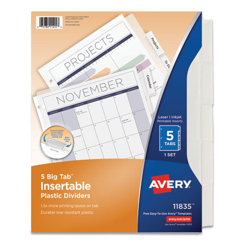 Insertable Big Tab Plastic Dividers, 5-Tab, 11 x 8.5, Clear, 1 Set-(AVE11835)