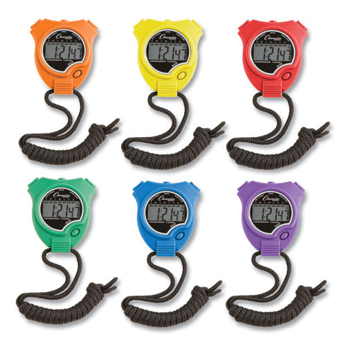 Water-Resistant Stopwatches, Accurate to 1/100 Second, Assorted Colors, 6/Box-(CSI910SET)