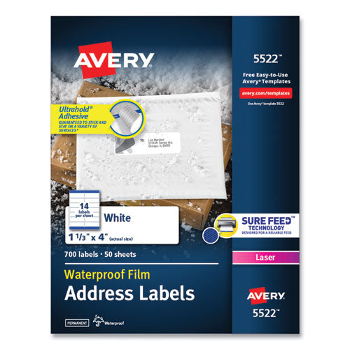 Waterproof Address Labels with TrueBlock and Sure Feed, Laser Printers, 1.33 x 4, White, 14/Sheet, 50 Sheets/Pack-(AVE5522)