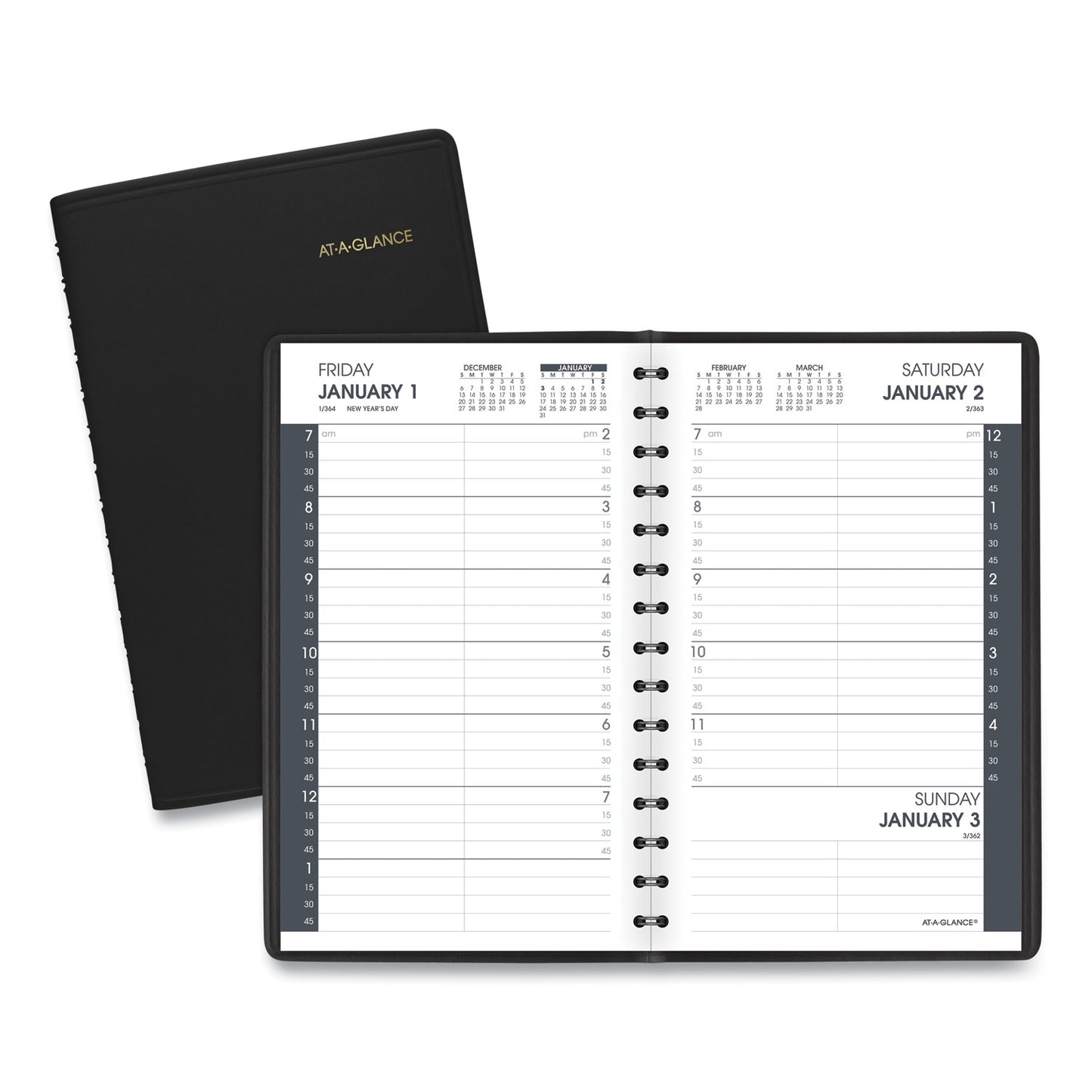 Daily Appointment Book with 15-Minute Appointments, One Day/Page: Mon to Sun, 8 x 5, Black Cover, 12-Month (Jan to Dec): 2023-(AAG7080005)