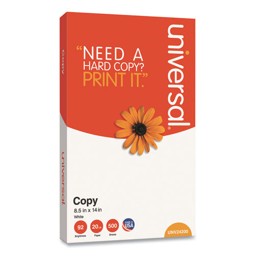 Legal Size Copy Paper, 92 Bright, 20 lb Bond Weight, 8.5 x 14, White, 500 Sheets/Ream-(UNV24200RM)
