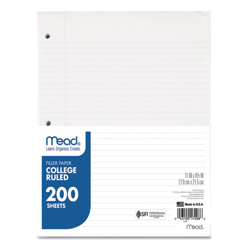 Filler Paper, 3-Hole, 8.5 x 11, College Rule, 200/Pack-(MEA17208)