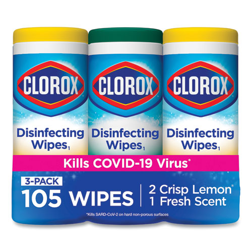 Disinfecting Wipes, 1-Ply, 7 x 8, Fresh Scent/Citrus Blend, White, 35/Canister, 3 Canisters/Pack-(CLO30112)