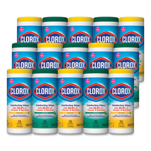 Disinfecting Wipes, 1-Ply, 7 x 8, Fresh Scent/Citrus Blend, 35/Canister, 3/Pack, 5 Packs/Carton-(CLO30112CT)