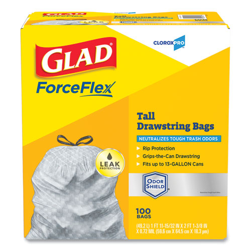ForceFlex Tall Kitchen Drawstring Trash Bags, 13 gal, 0.72 mil, 23.75" x 24.88", Gray, 100/Box-(CLO70427)