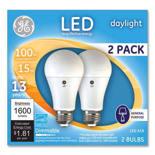 100W LED Bulbs, A19, 15 W, Daylight, 2/Pack-(GEL93127672)