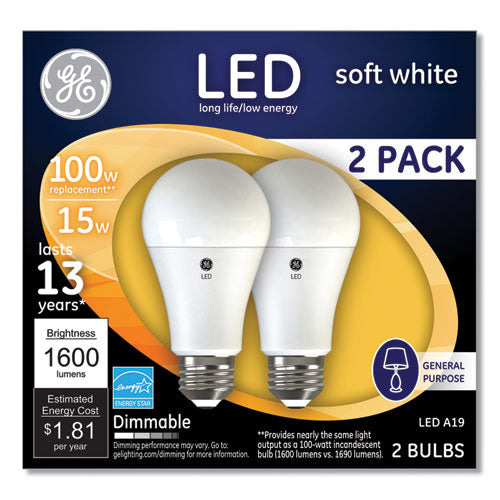 100W LED Bulbs, A19, 15 W, Soft White, 2/Pack-(GEL93127668)