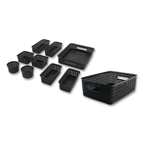 Plastic Weave Basket Bins, Assorted Sizes, Black, 10/Pack-(AVT38398)