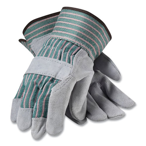 Bronze Series Leather/Fabric Work Gloves, Large (Size 9), Gray/Green, 12 Pairs-(PID836563L)