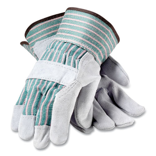 Bronze Series Leather/Fabric Work Gloves, Medium (Size 8), Gray/Green, 12 Pairs-(PID836563M)