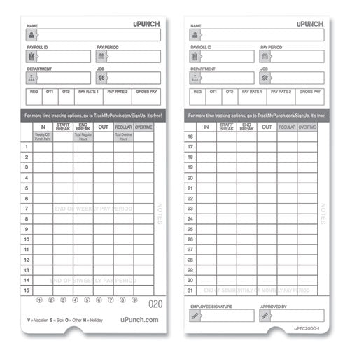 Time Clock Cards for uPunch HN4000, Two Sides, 7.37 x 3.37, 50/Pack-(PPZHNTCL2050)