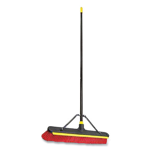 Bulldozer 2-in-1 Squeegee Pushbroom, 24 x 54, PET Bristles, Finished Steel Handle, Black/Red/Yellow-(QCK635SU)