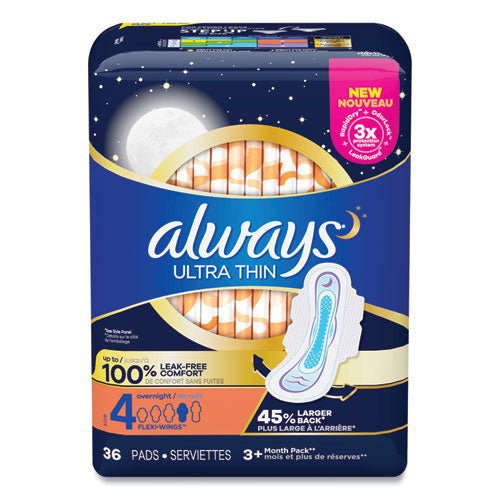Ultra Thin Overnight Pads with Wings, 36/Pack, 6 Packs/Carton-(PGC25560)