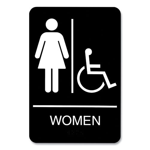 ADA Sign, Women/Wheelchair Accessible Tactile Symbol, Plastic, 6 x 9, Black/White-(USS9005)