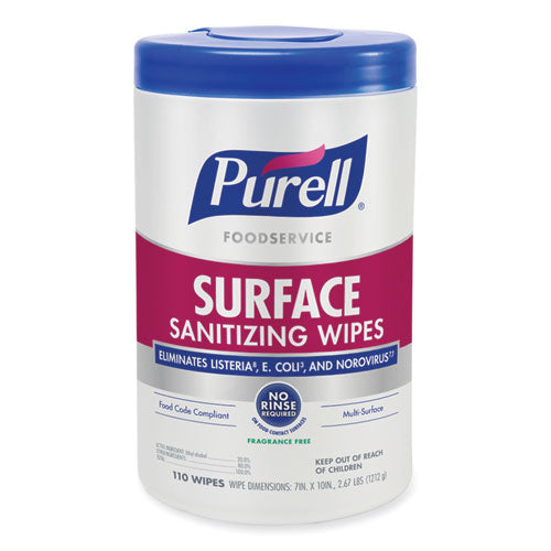 Foodservice Surface Sanitizing Wipes, 1-Ply, 10 x 7, Fragrance-Free, White, 110/Canister, 6 Canisters/Carton-(GOJ934106CT)