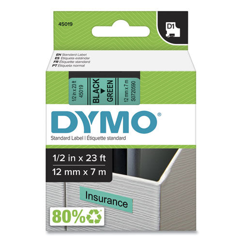 D1 High-Performance Polyester Removable Label Tape, 0.5" x 23 ft, Black on Green-(DYM45019)
