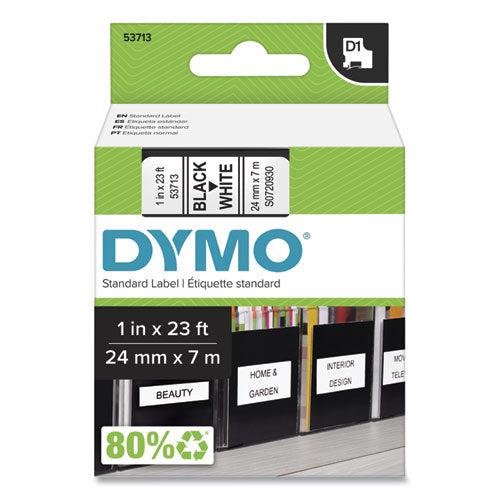 D1 High-Performance Polyester Removable Label Tape, 1" x 23 ft, Black on White-(DYM53713)
