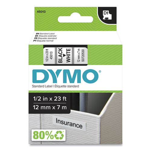 D1 High-Performance Polyester Removable Label Tape, 0.5" x 23 ft, Black on White-(DYM45013)
